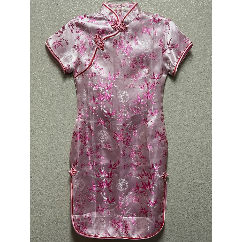 Women's Pink Satin Cheong-sam Qipao Dress Floral Bamboo Pattern Cotton Blend 12